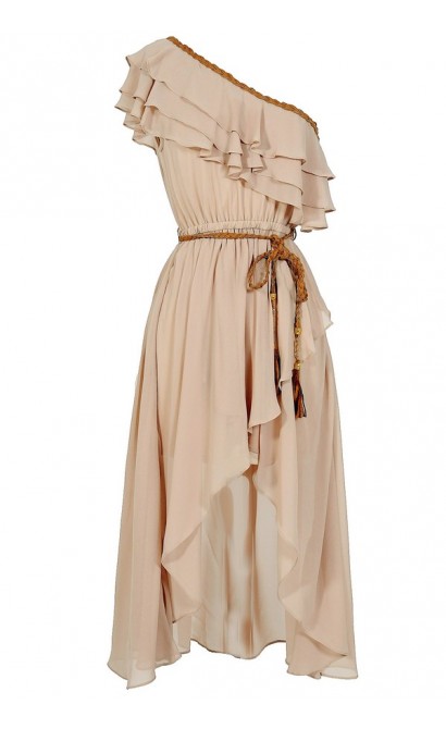 Enchanted Forest One Shoulder Chiffon Dress in Beige